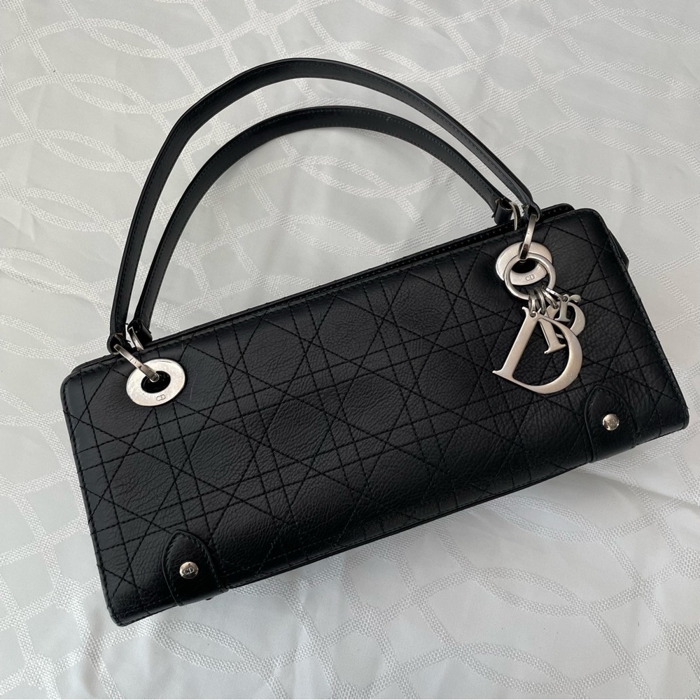 CHRISTIAN DIOR Lady Dior Cannage Hand Bag Leather Black Silver